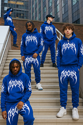 CLASSY.MODA Unisex Σετ αθλητικής φόρμας με κουκούλα με 3 κλωστές και τσέπες καγκουρό με στάμπα στο μπροστινό μέρος και στο παντελόνι