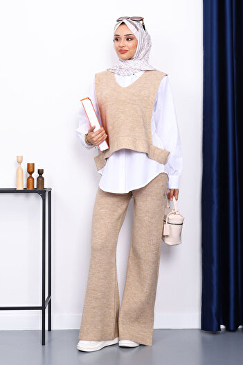 İmajButik Mink Shirt Three-Piece Knitwear Set