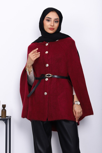 İmajButik Burgundy Belted Knitted Poncho