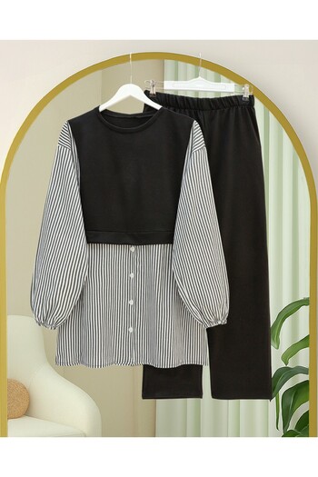 Modamorfo Combed Cotton Suit with Elastic Sleeves and Striped Shirt Detail - Black