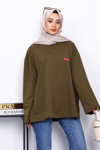 İmajButik Khaki Crew Neck Two Thread Oversize Sweatshirt