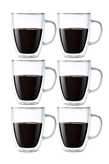 ELEGANT HOME 6-Piece Double Wall Glass Cup Set Clear With Handle 350ml