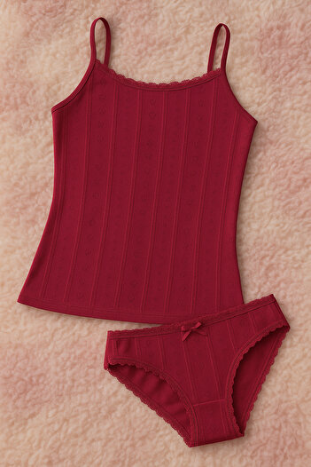 ROZELT Women's Cherry Cotton Lace Rope Strap Tank Top & Panties 2-Piece Set