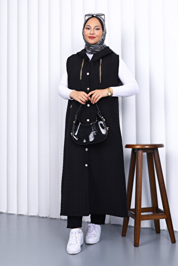 İmajButik Black Hooded Quilted Long Vest