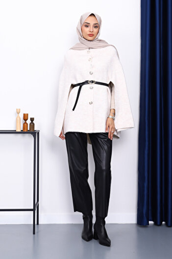 İmajButik Cream Belted Striped Knitwear Poncho