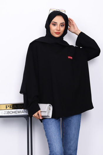 İmajButik Black Crew Neck Two Thread Oversize Sweatshirt