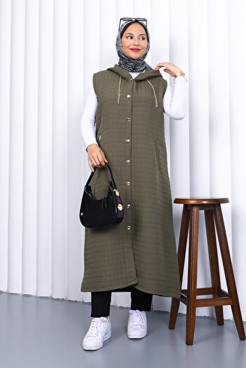 İmajButik Khaki Hooded Quilted Long Vest