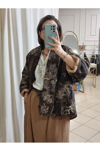 pudubutik Patterned Kimono Coat Brown