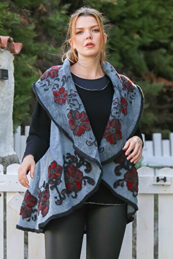 Chiccy İtalyan Gri Şal Yaka Kolsuz Dokulu Kapamasız Cepsiz Süzene Nakışlı Kaşe Dokuma Yelek 75 65