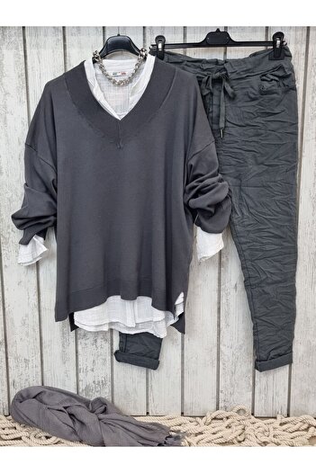 pudubutik Oversize V-Neck Slim Knitwear Gray Sweater