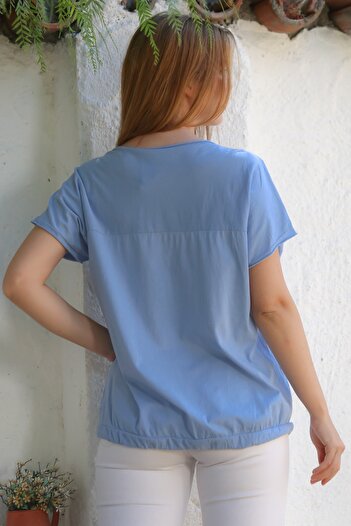 Chiccy Italian Light Blue Round Neck Low Sleeve Tie-Up Allover Embroidered Cotton Woven Blouse 68 65