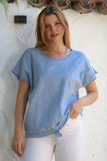 Chiccy Italian Light Blue Round Neck Low Sleeve Tie-Up Allover Embroidered Cotton Woven Blouse 68 65