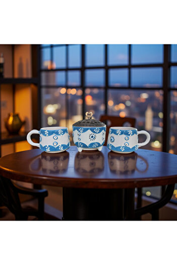 İlbay Çini Takı Blue Border Evil Eye Patterned 2 Ceramic Mugs and 1 Ayşen Sugar Bowl