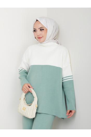 MY QILAM Women's Hijab Set Two Colors Half Turtleneck Knitwear Bottom Top Set Water Green