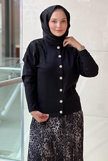 Mahal Crochet Knitwear Short Knitwear Cardigan with Stones on the Shoulders