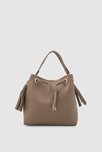 Wuclo Elira Drawstring Tassel Detailed Crossbody Hand and Shoulder Bag Mink