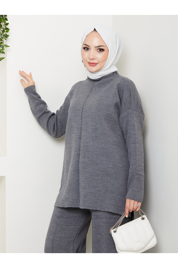 MY QILAM Women's Hijab Set Half Turtleneck Sweater Pants Bottom Top Knitwear Set Anthracite