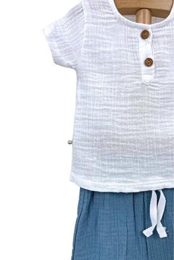 Dumledo Buttoned White Shirt and Blue Shorts 2-Piece Muslin Baby Boy Set