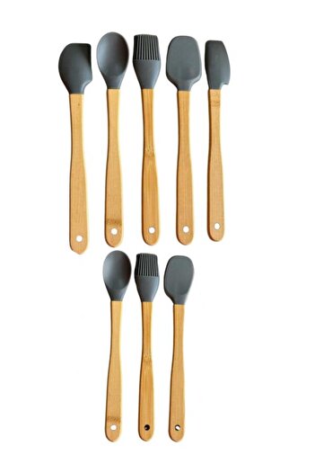 mucit home Gray 8-Piece Bamboo Handle Silicone Tip Spatula Brush Spoon Set