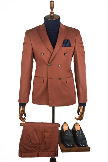 DeepSEA Men's Brick Color Double Slit Double Breasted Collar 2 Piece Suit 2300508