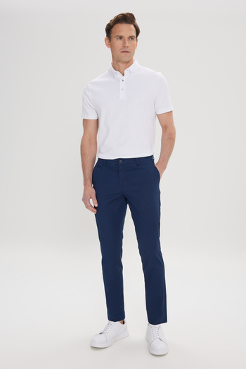 ALTINYILDIZ CLASSICS Men's Navy Blue Cotton Slim Fit Slim-Fit Side Pocket Dobby Stretch Trousers