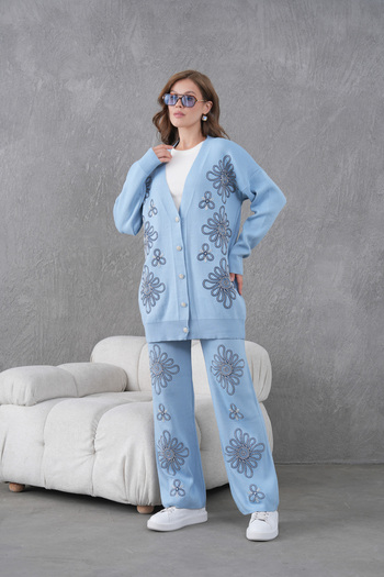 Miss Allos Women's Beaded Wide-Fit Knitwear Cardigan and Pants Bottom-Top Set