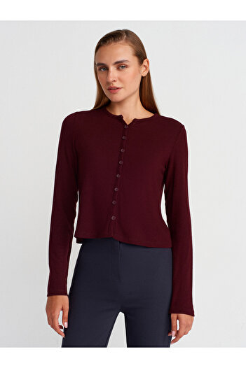 Dilvin 31413 Buttoned Detailed Cardigan-Burgundy