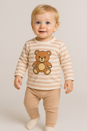 dinamik çocuk Baby Boy Striped Teddy Bear Patterned 2-Piece Set Top and Bottom / 3-12 Months