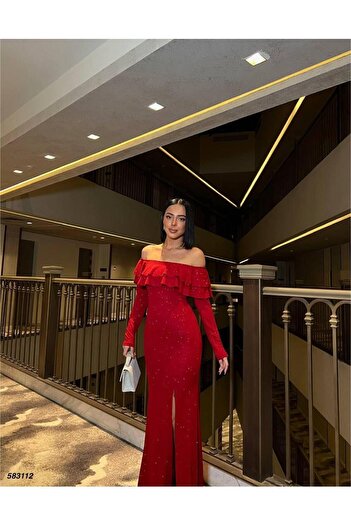 Modafeminen Fkuro Glittery Stretch Fabric Front Double Flounce Evening Dress Red 583112