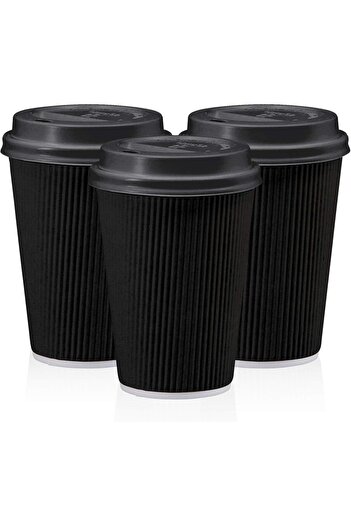 MARKQ [50 Pack] 12oz Black Disposable Coffee & Tea Cups with Lids - Corrugated Triple Wall Paper Cups