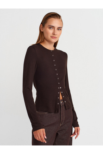 Dilvin 32055 Long Sleeve Cardigan-Dark Brown