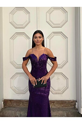 SELİN MODA EVİ Trend Band Kol Velvet Fish Dress Purple 583198