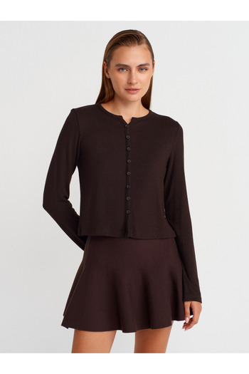 Dilvin 31413 Buttoned Detailed Cardigan-Dark Brown