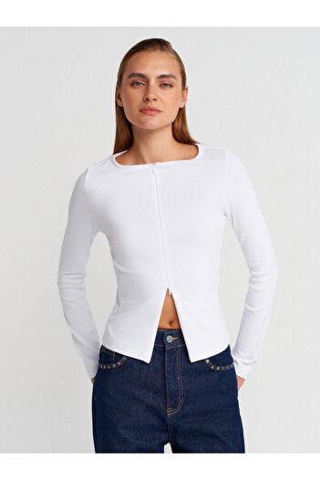 Dilvin 31993 Zipper Detailed Long Sleeve Top-White