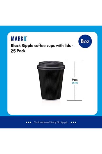 MARKQ [25 Pack] 8oz Black Disposable Coffee Cups with Lids - Triple Wall Ripple Cups for Hot & Cold Drinks