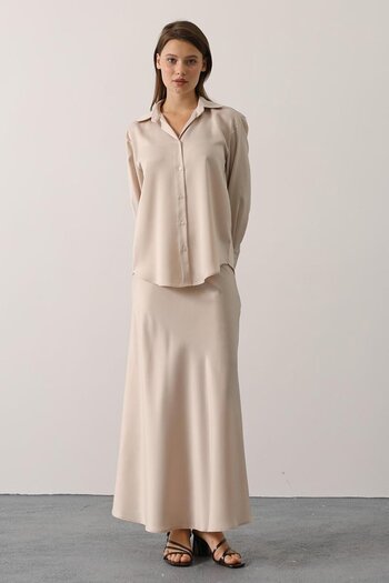 VAGGON Women's Ecru Straight Cut Satin Long Skirt Vs01143