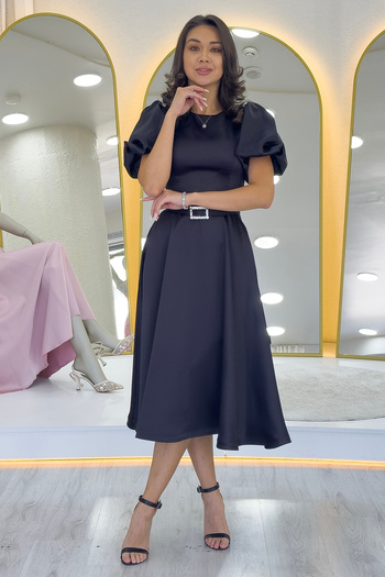 zks grup tekstil Women's Balloon Sleeve Stone Belted Midi Length Satin Evening Dress Indigo, Black, White