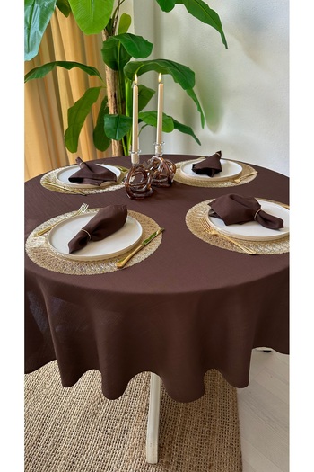 Decamor home Linen Textured Brown Round Tablecloth