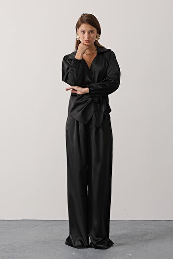 VAGGON Women's Black Satin Textured Side Tie Blouse and Wide Leg Pants Set Vs01149