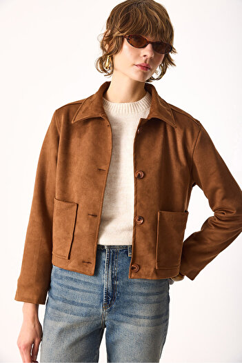 VENA Women's Regular Fit Suede Jacket-Tan