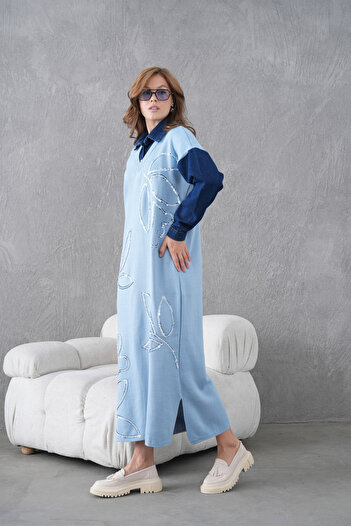 Miss Allos Rochie lungă din tricot pentru femei, cu mâneci din denim, cu perle de sticlă și paiete brodate în față