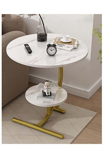 COOYA Coffee Table Marble 2 Layer Round Side Table Modern Minimalist Side Cabinet Mini End Table