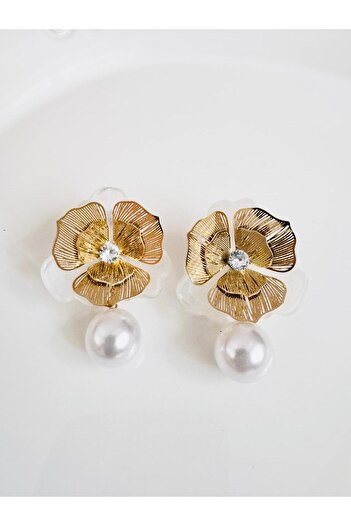DEVİ fashion Steel Filigree Flower Pearl Earrings 5 cm