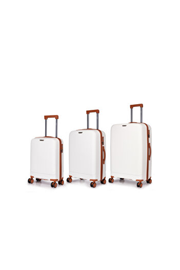 Prince Travelling Un Breakable PP Hard Luggage (8 Wheels) Glider 3 Pcs Set -20 X 24 X 28 Inches-White With Brown