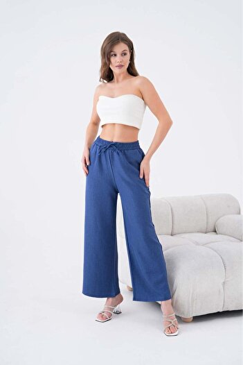 NEWCO High Waist Comfortable Fit Wide Leg Elastic Waist Lace-Up Casual Women's Trousers 1104Mv