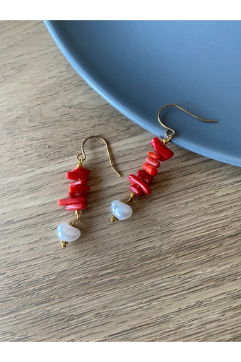 dela otantik Coral Stone and Heart Detailed Long Dangle Earrings – Handmade Bohemian Authentic Ethnic Bijouterie Jewelry