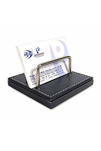 prozenis Pr4279 Black Luxury Office Desktop Business Card Holder with Wood-Leather Base and Chrome Detail