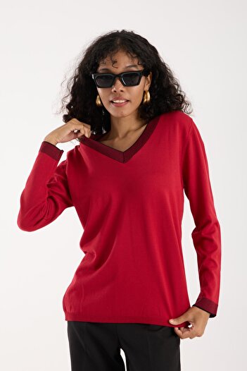Moda Days Women's Red V-Neck Contrast Stripe Knitwear Sweater