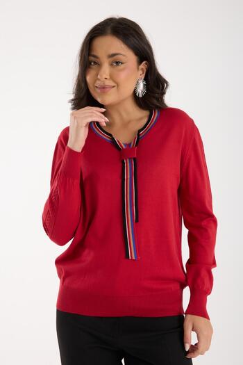 Moda Days Women's Red V-Neck Contrast Stripe Knitwear Sweater