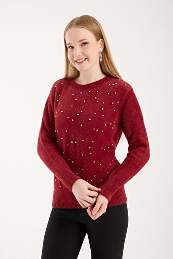Moda Days Women's Burgundy Crew Neck Stone and Pearl Embroidered Knitwear Sweater